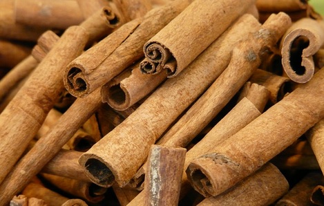 Kulit kayu manis yang telah dikeringkan membentuk gulungan-gulungan keras menyerupai kertas berwarna coklat.
